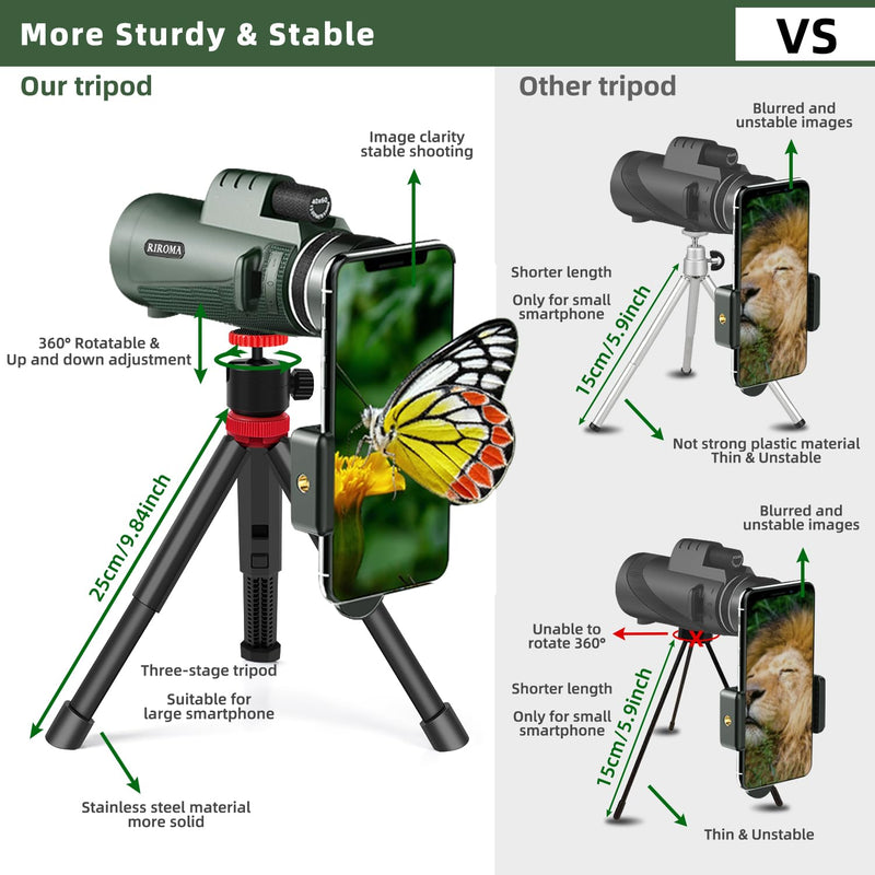 40X60 Monocular Telescope with Smartphone Holder & Tripod, Power Prism Compact Monoculars for Adults Kids, HD Monocular Scope for Bird Watching Hiking Concert Travelling Green