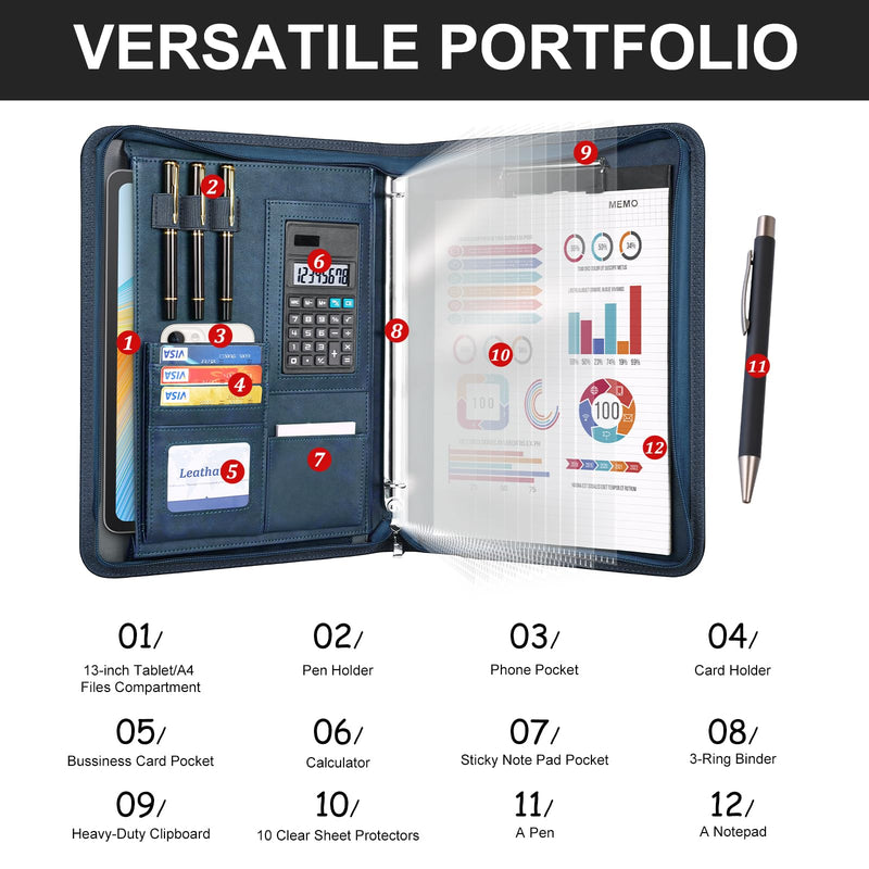 Leathario Portfolio Binder, 3-Ring Folder Organizer, Includes 5 Sheet Protectors and a Pen, Vegan Leather A4 Padfolio for Tablets, Business Conferences Professional Document Organizer, Office Supplies Blue