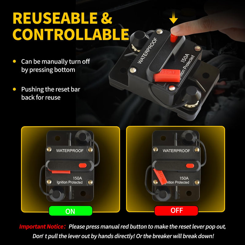 150Amp Circuit Breaker DC 12V-48V for Marine Boat Trolling Motor Automotive RV Trailer Car Solar System Battery Disconnect with Manual Reset Switch, IP67 Waterproof (Pack of 2) 2 Pieces 150A