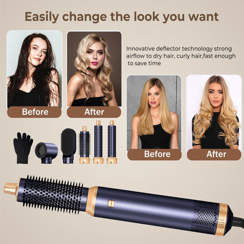 UKLISS Air Styler 5 in 1 Hair Styler Set 1000W Airbrush Hair Styler - Blue | with Hot Air Styler, Hair Dryer Brush, Hair Dryer Curler, Volumizer, Round Brush, Air Stylers for Women