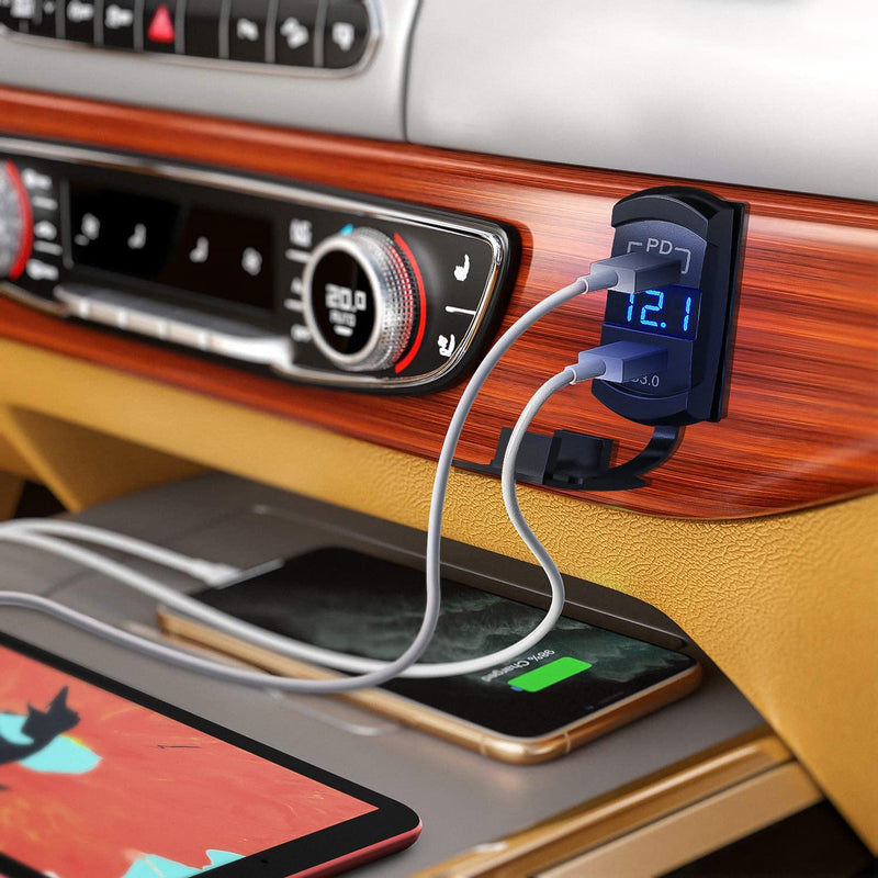 Nilight Rocker Switch Style USB Outlet LED Voltmeter Quick Connector 12V PD Type C and USB QC 3.0 Cars Replacement with Inline Fuse for Switches Panel on Boats RV Truck Car Type C + USB Voltmeter Blue