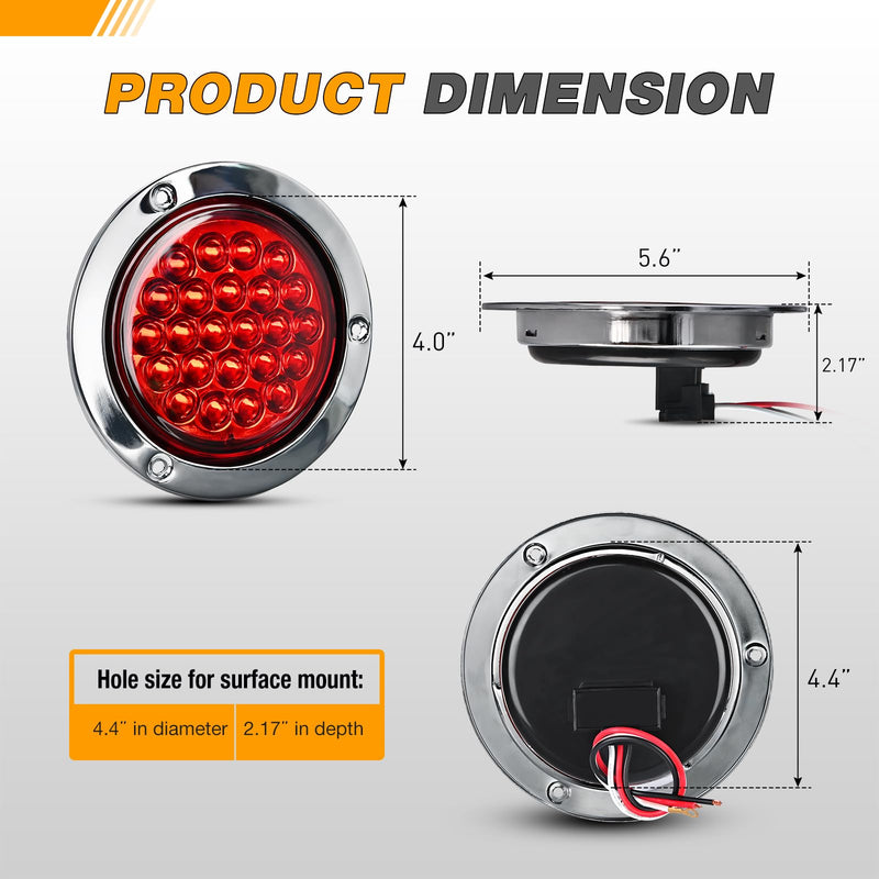 GOOACC 4Inch Round Tail Light 2PCS Red 24LED w/Stainless Steel Chrome Bezel Waterproof Stop Brake Turn Signals Lights for Truck Trailer RV Lorry Boat Tractor Red 24Led 2Pcs Screws