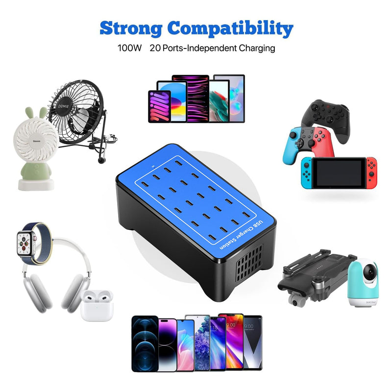 USB C Charging Station, USB C Charger Block for iPhone, Android, Smartphone, Tablet, Samsung, AirPods, and Smart Watch Multiple Devices, 20-Port 100W Multi Port Desktop Charger Blue-20 port