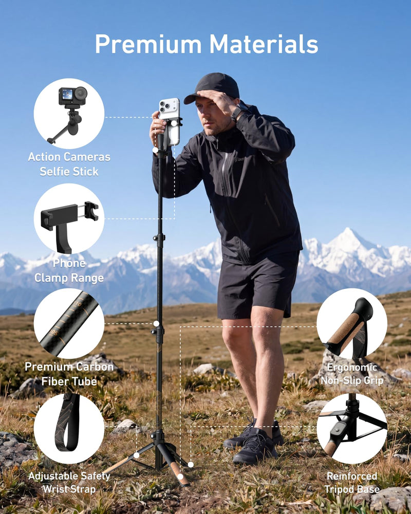 TELESIN TrekShot Carbon Fiber Selfie Stick Tripod, 3-in-1 Hiking Stick Pole | 58" Extendable Phone Tripod for iPhone & Action Cameras, Solo Travel Vlog Monopod for Trekking, Camping, Outdoor Creators