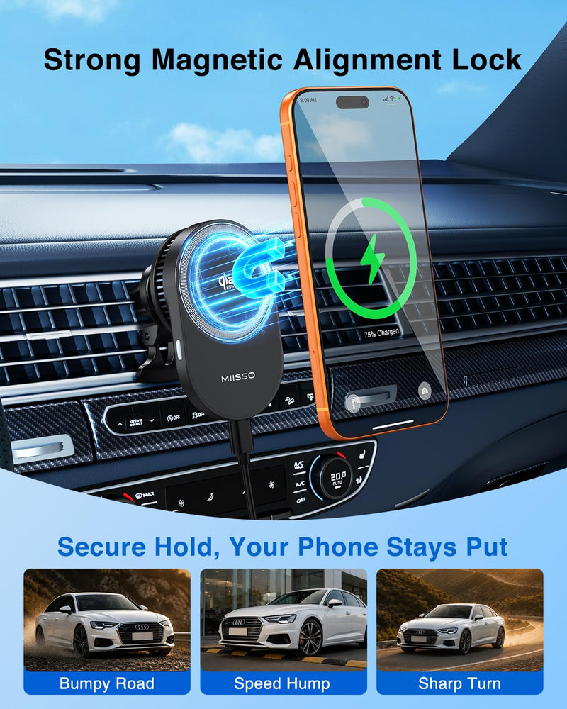 Qi2.2 25W Magnetic Vent Mount Car Charger with TEC Cooling Fan | Strong Magnetic Hold, 360° Adjustable Viewing, Wireless Air Vent Mount with 45W PD Adapter & USB-C Cable, for iPhone 12-17