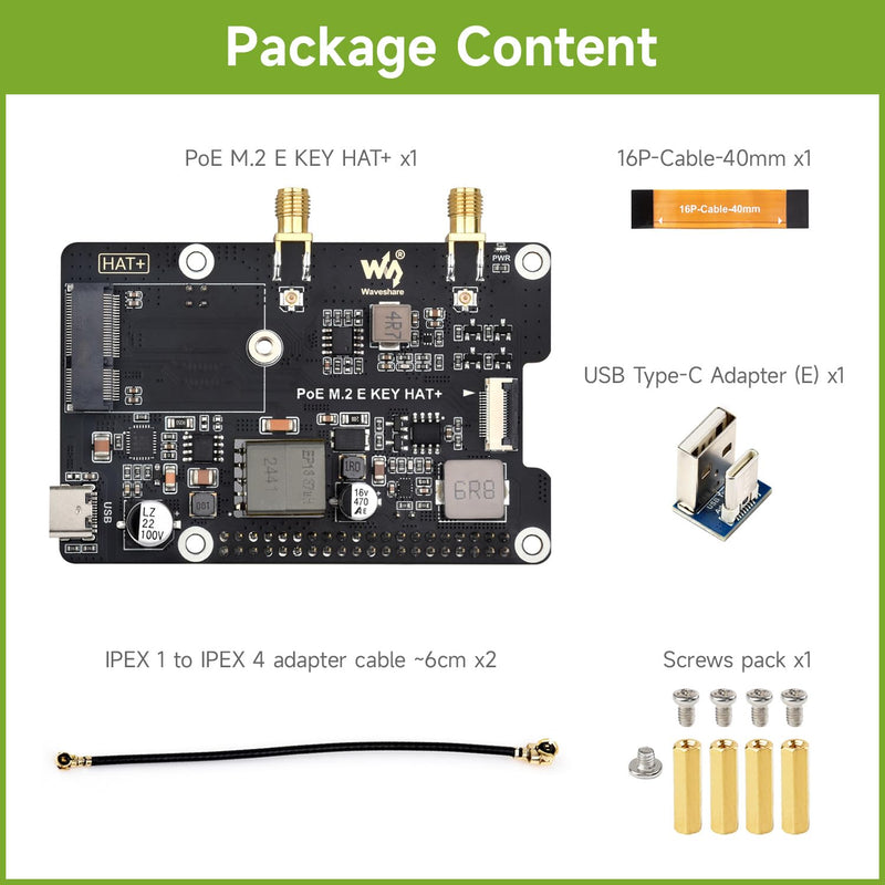waveshare PCIe to M.2 E Key Adapter with PoE Function, Compatible with Raspberry Pi 5, Support NGFF (M.2 E Key) Wireless NIC, Raspberry Pi 5 PCIe HAT