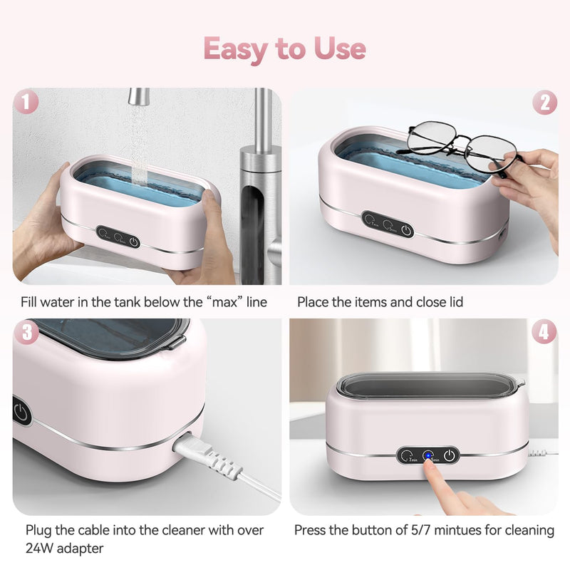 BYASKZIV Jewelry Cleaner Ultrasonic Machine, Upgraded 48KHz Ultrasonic Cleaner with 304 Stainless Steel for Jewelry, Eyeglasses, Rings, Watch Strap, Dentures-Pink Pink