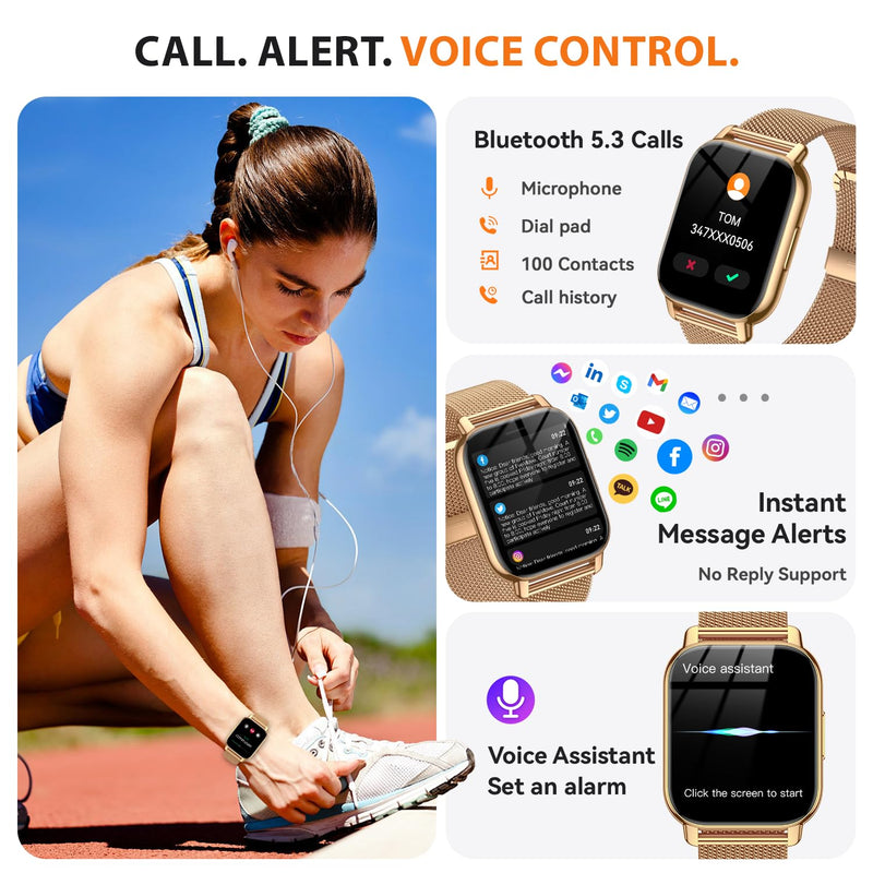 Smart Watch for Women, Fitness Tracker with Bluetooth Calls & AI Voice Control, 1.85’’ HD Screen, Heart Rate/SpO2 Monitor, Sleep Tracker, Compatible with Android iOS (Gold) Gold