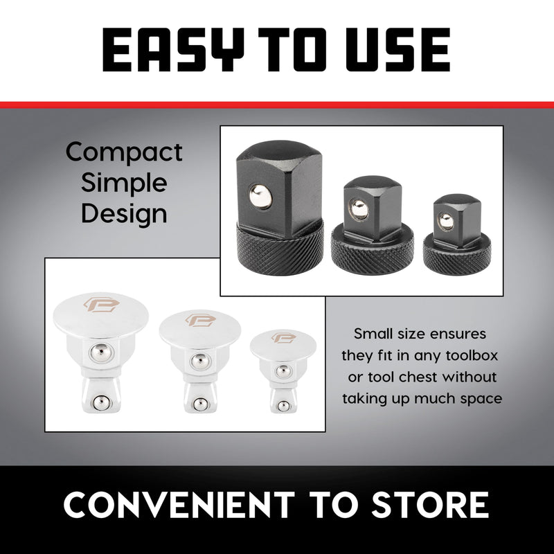 Powerbuilt 6 Piece Wrench Wobble Adapter and Low Profile Socket Adapter Set, Sockets to Combination Wrench, Interchangeable 1/4 Inch, 3/8 Inch, 1/2 Inch Drive, Designed to Fit Tight Spaces - 643050ECE 6 Piece Low Profile