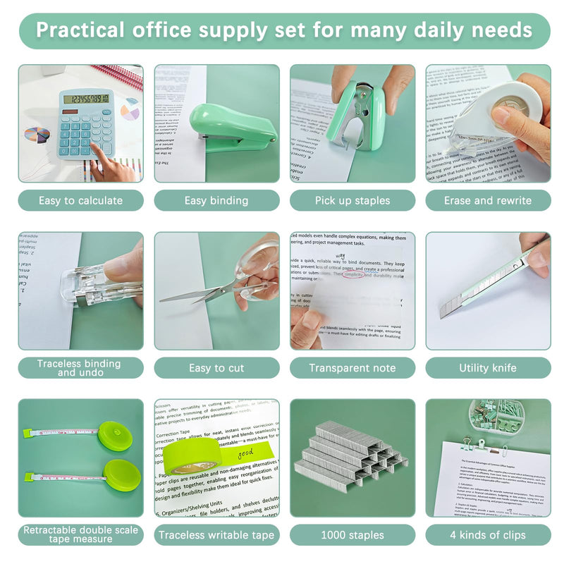 Ohmywor Office Supplies Set, Desk Accessories Includes Stapler Staples, Correction Tape, Calculator, Paper Clip, Transparent Note, Scissors, Tape Measure for Office School Clerk Student
