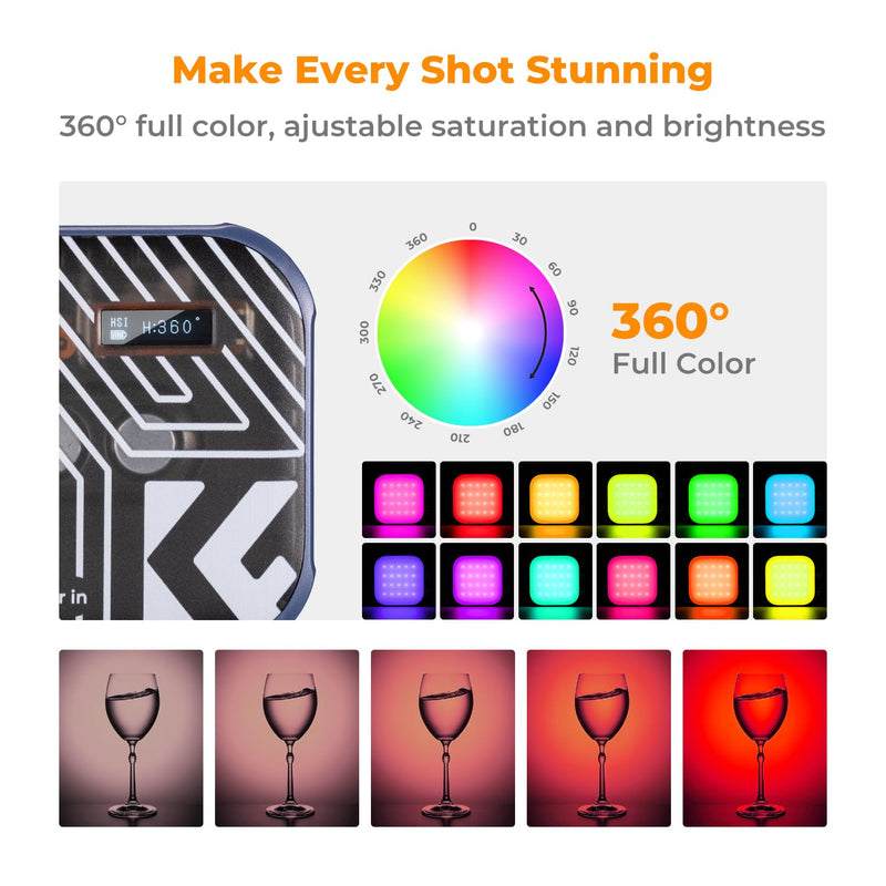 K&F CONCEPT RGB Video Light, 360° Full Color Portable Photography Light, LED Camera Light w 21 Light Effects, 2500K-9900K CRI 96+, 2000mAh Rechargeable Photography Lighting for Vlogging, Selfie, Blue