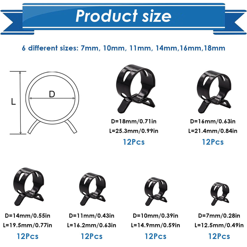 72Pcs Spring Hose Clamps Fuel Line Silicone Vacuum Hose Low Pressure Air Clamps & Sleeving Automotive Replacement Fastener Assortment Kit 6 Sizes (7mm 10mm 11mm 14mm 16mm 18mm) Black 72Pcs Spring Clamps