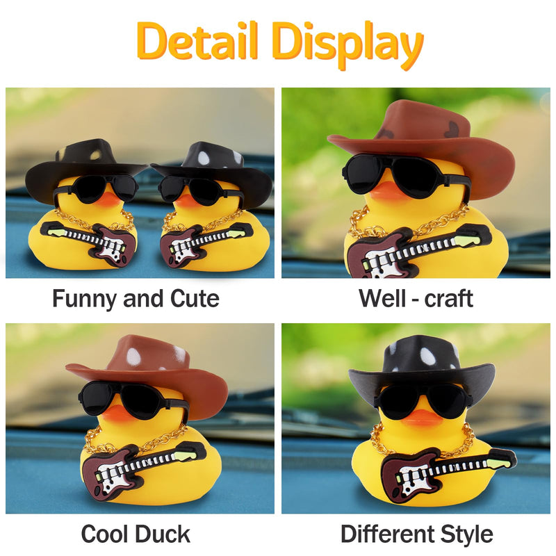 wonuu Rubber Duck Car Ornaments Guitar Duck Cool Car Accessories Car Dashboard Decorations with Cowboy Hat Necklace and Sunglasses, Black&White