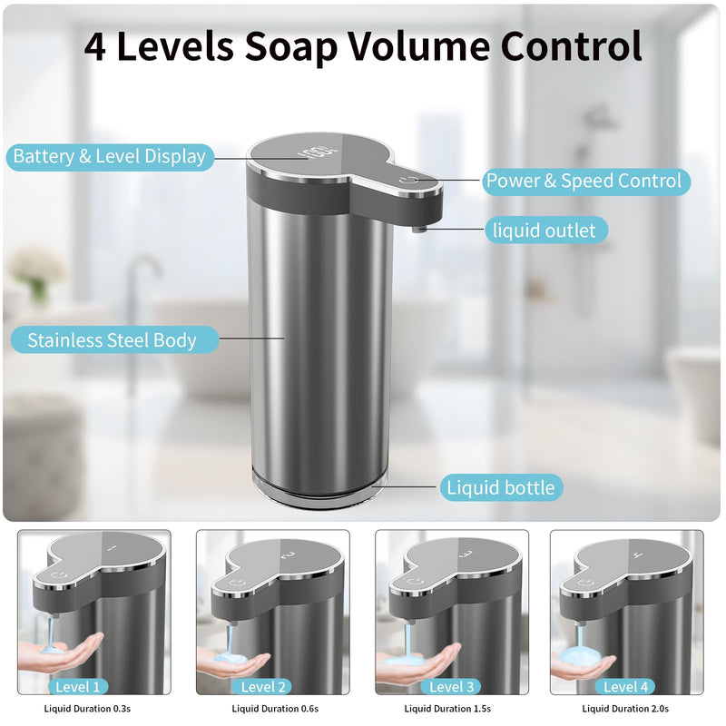Automatic Liquid Soap Dispenser, 12oz Rechargeable Touchless Hand Soap Dispenser, 4 Levels Adjustable Infrared Sensor Dish Soap Dispenser for Bathroom,Kitchen,Hotel St-01 Liquid Gray