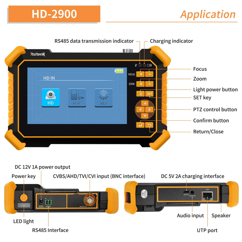 Rsrteng CCTV Tester Monitor Auto HD Coaxial Camera Tester 4K 8MP TVI/CVI/AHD/CVBS Analog Video Monitor 4.3 inch TFT-LCD Screen PTZ Control RS485 Call OSD Menu Audio DC12V Power Output Yellow