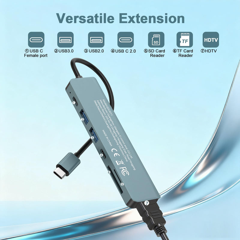 USB C Hub for MacBook Dell HP ASUS, 7-in-1 USB-C Adapter with 4K HDMI Output/87W PD Fast Charging/5Gbps USB3.0/USB2.0/SD TF Card Reader-Compact USB-C Dongle for Business Trip Office Home