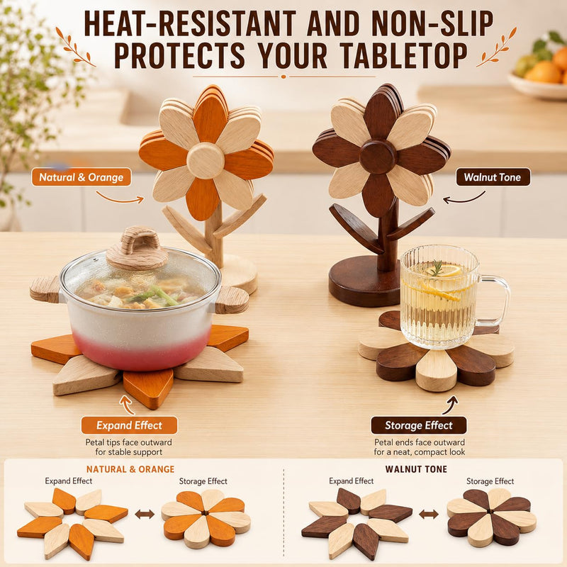 Sunflower Trivets for Hot Dishes, 5Pc Wooden Tree Trivet Stand Set | Flippable wooden sunflower petals expand 5.5 to 6.69 in - trivet & coaster in one, doubles as countertop decor Walnut & Beech Wood
