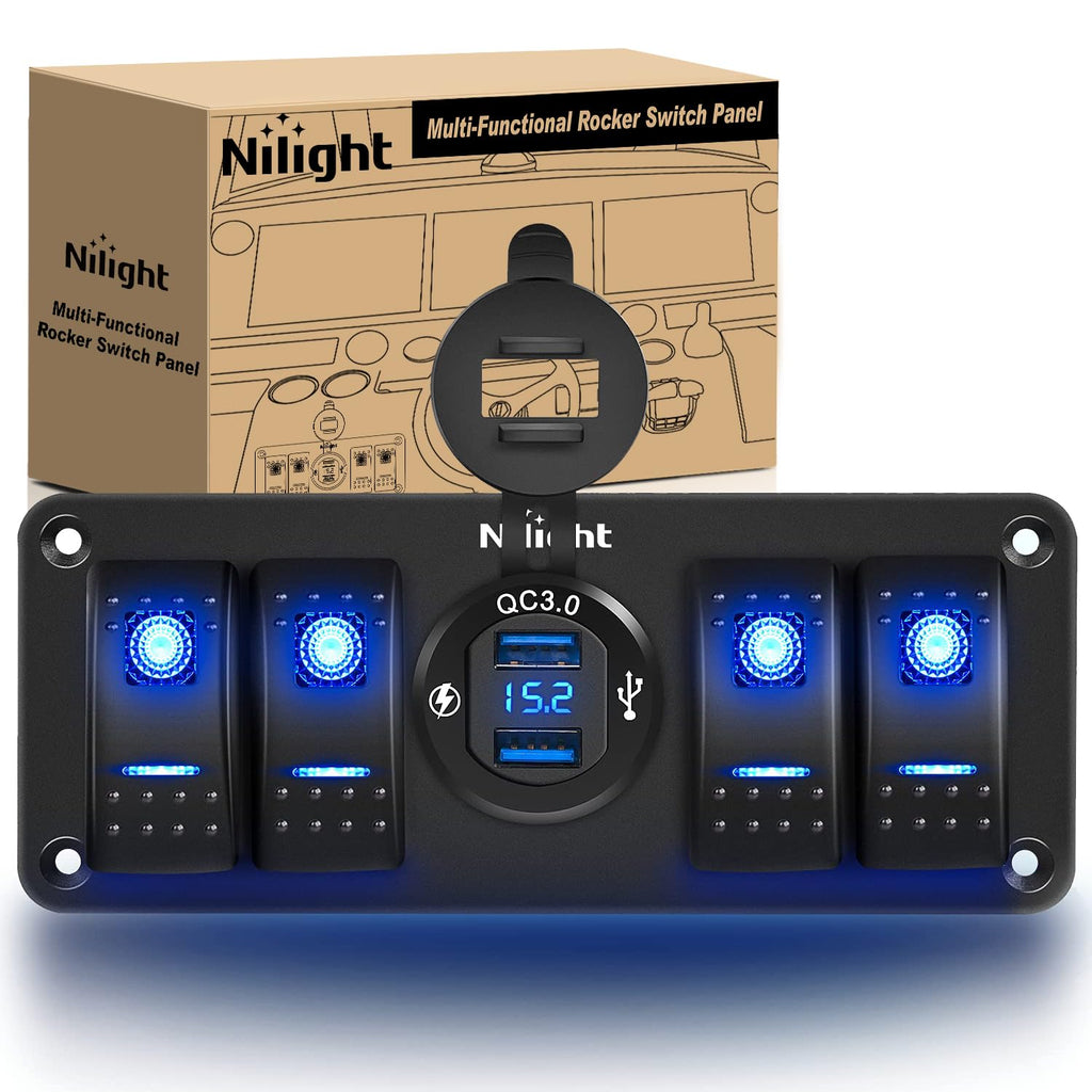 Nilight 4 Gang Rocker Switch Panel with USB Charger Voltmeter Waterproof 12V-24V DC Rocker Switch with QC3.0 Dual USB Charger and Night Glow Stickers for Cars Trucks Boats RV Dual USB Blue