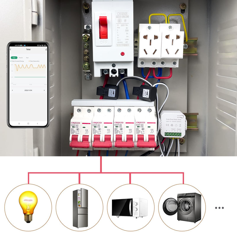 Smart Energy Monitor, Single Phase Clamp Electricity Meter with 2 * 80ACT Current Transformer, WiFi, Real-Time Electricity Monitor/Meter, Solar/Network Metering EPMC311-2*80A