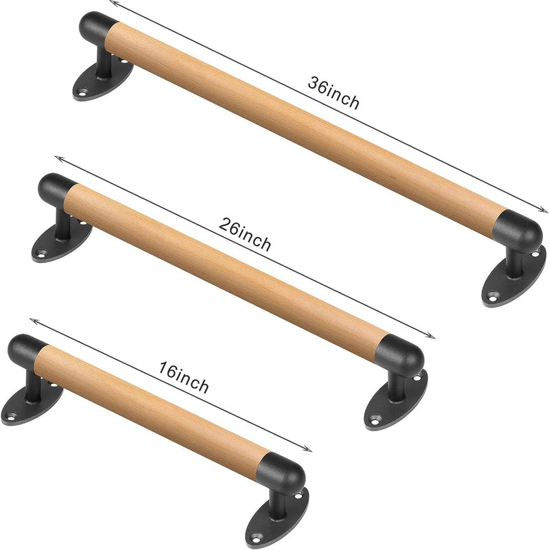 SELEWARE 16 Inch Wood Handrail Indoor Stairs Handrail Wall Mount Handrail w/Sturdy Metal Barckets, Barrier-Free Staircase Grab Bar for Elderly, 1.3 Inch Round A: 16" (Wood Handle+Black Metal Brackets)