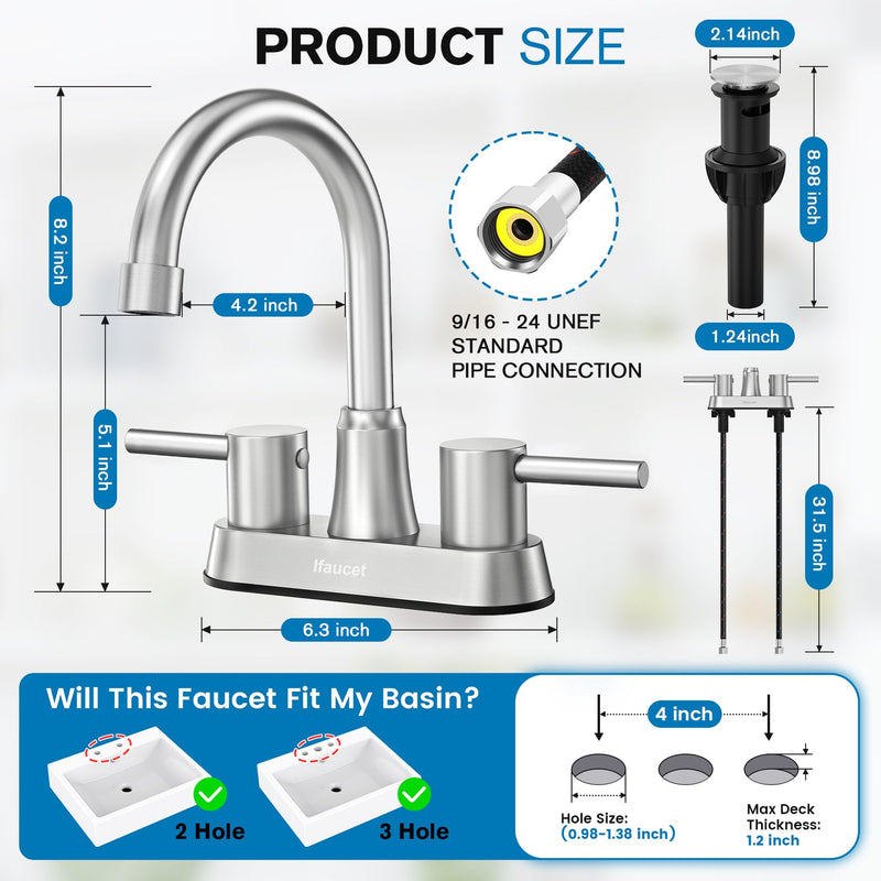 Bathroom Faucets, Bathroom Faucet 3 Hole, Bathroom Sink Faucet, Faucet for Sink 4 Inch 2 Handle Centerset, Lead-Free, with Copper Pop Up Drain (Brushed Nickel) Brushed Nickel Style A