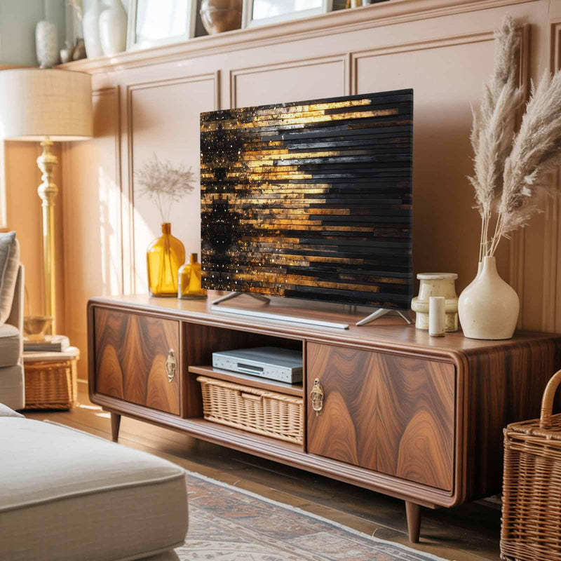 Elastic Indoor TV Cover 50" Dust Protector, Luxury Golden Black Stretch Fabric Flat Screen TV Covers, Geometric Art Deco Modern Universal Washable Anti-scratch Cover for Curved LCD LED OLED TVs Amber Gold, Charcoal, Ash, Bronze 50 Inches - 43.6"x24.5"