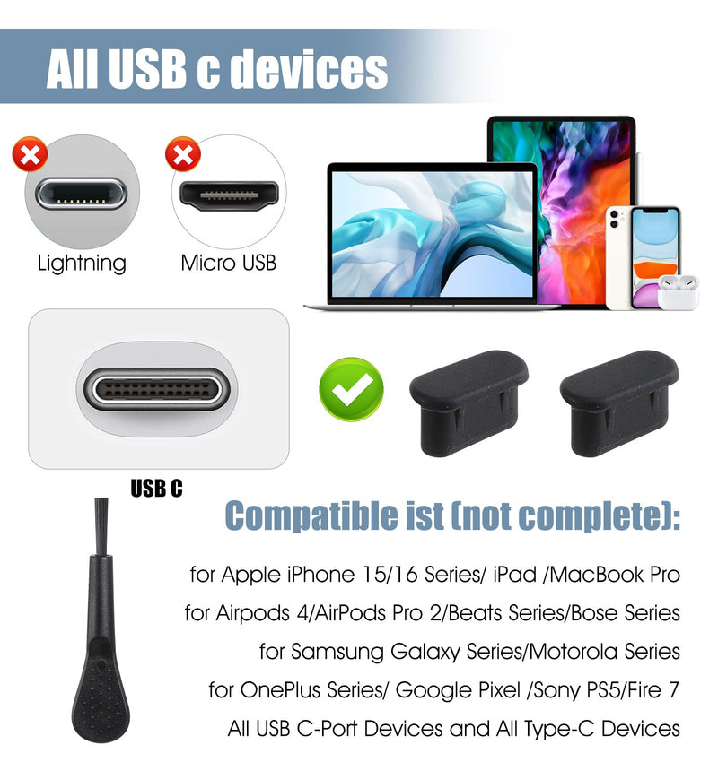 20PCS USB C Port Cover, 4-in-1 Silicone USB C Plug Cover Set with 20 Silicone Dust Plugs, 1 Anti-Static Brush, and 4 Reusable Sponge Brushes, Charging Port Covers