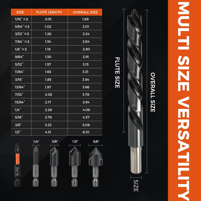 Luckyway Cobalt Drill Bit Set 21 PCS 1/16"-1/2" with Bullet Point Tip and Countersink Drill Bit 4 PCS 1/4"-5/8", TiAlN Coated for Hardened Metal, Mild Steel, Stainless Steel
