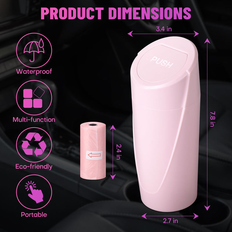 Pink Mini Leakproof Vehicle Trash Bin with Lid - Garbage Can for Car Cup Holder - 20pcs Trash Bags - Car Organizers and Storage for Front Back Seat Accessories Pink 1