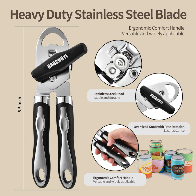 Classic Multifunction Can Opener and Bottle Opener Easy to Use, Razor Sharp Stainless Steel Cutting Wheel, Soft Ergonomic Handles, Black ﻿