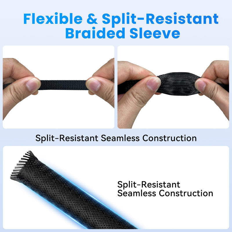 1/2" 10ft Black Expandable Braided Cable Sleeve PET | Wire Sleeve for Cable Management, Abrasion & Heat Resistant, Easy Install & Cut, Ideal for Home Theater & Smart Home 1/2"-10ft