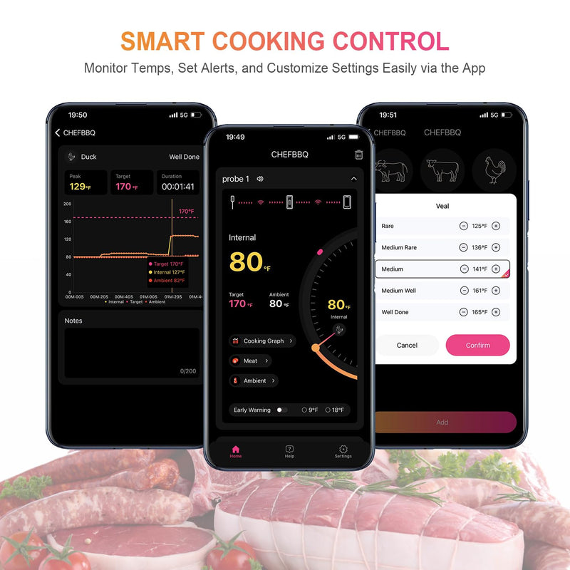 Wireless Smart Meat Thermometer with Dual-Sensor Probe, 500FT Remote Monitoring, Dedicated App, Real-Time Ambient and Food Temperature Tracking for Precise Cooking Control Dual Probe Grey-Dual Probe