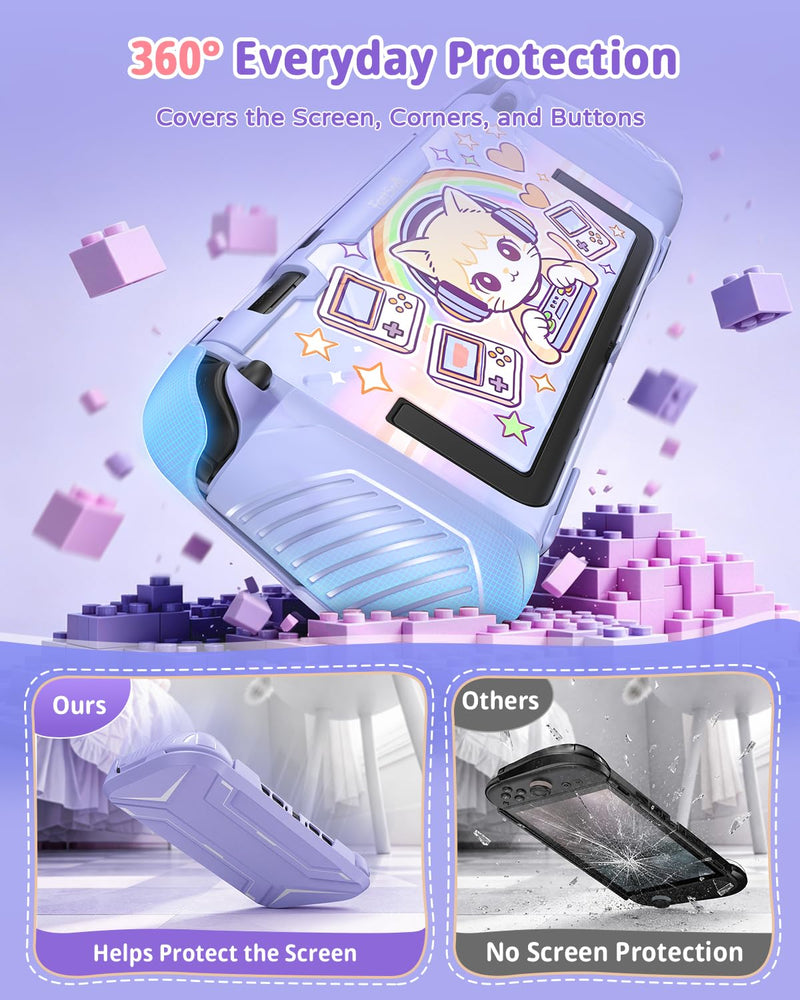 FASTSNAIL Protective Cute Case Cover for Nintendo Switch 2 with Cartoon Cat | TPU Switch 2 Dockable Case with Cat Pattern, Military Protection, Split Design, Ergonomic Grip, PC Front Cover, 12 Game Slots Purple Cartoon Cat Switch 2 Cover with Front Case