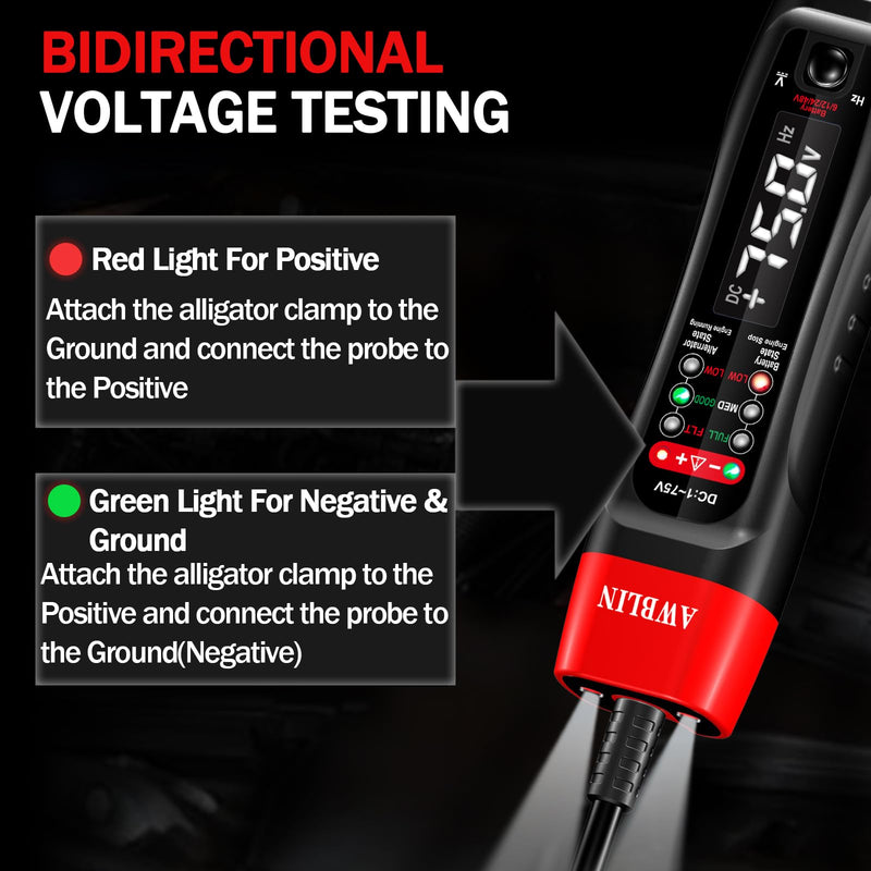 Automotive Test Light & Battery Alternator Tester, 1-75V DC LCD Digital Circuit Tester with Illumination, Heavy Duty Light Tester with Voltmeter, Fuse Voltage Tester Auto Electrical Tool
