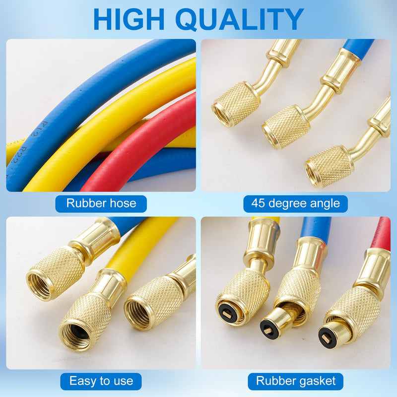 3 Pieces AC Manifold Gauge Hose Kit, R410A Refrigerant Charging Hoses 1/4 SAE, 5FT AC Manifold Gauge Hose Kit for R134A R410A R22 R404A, A/C Charging Hose 60‘’