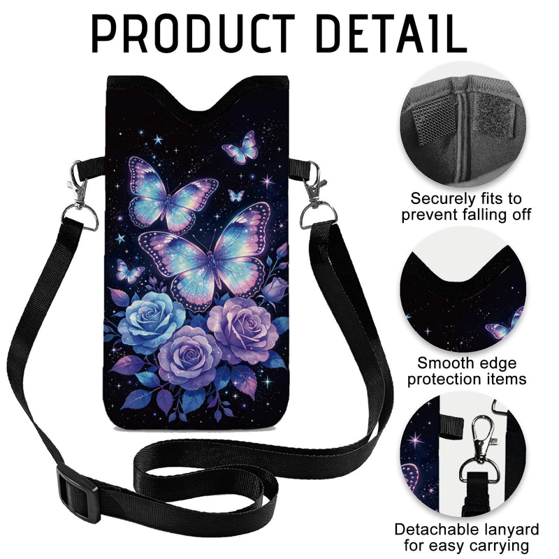GLOBLELAND Butterfly Cell Phone Sleeve Pouch Case Bag 7.1×3.9 inch Rose Insect Shockproof Universal Phone Bag with Crossbody Strap Neck Lanyard for Women Men Phone Headphones Watch