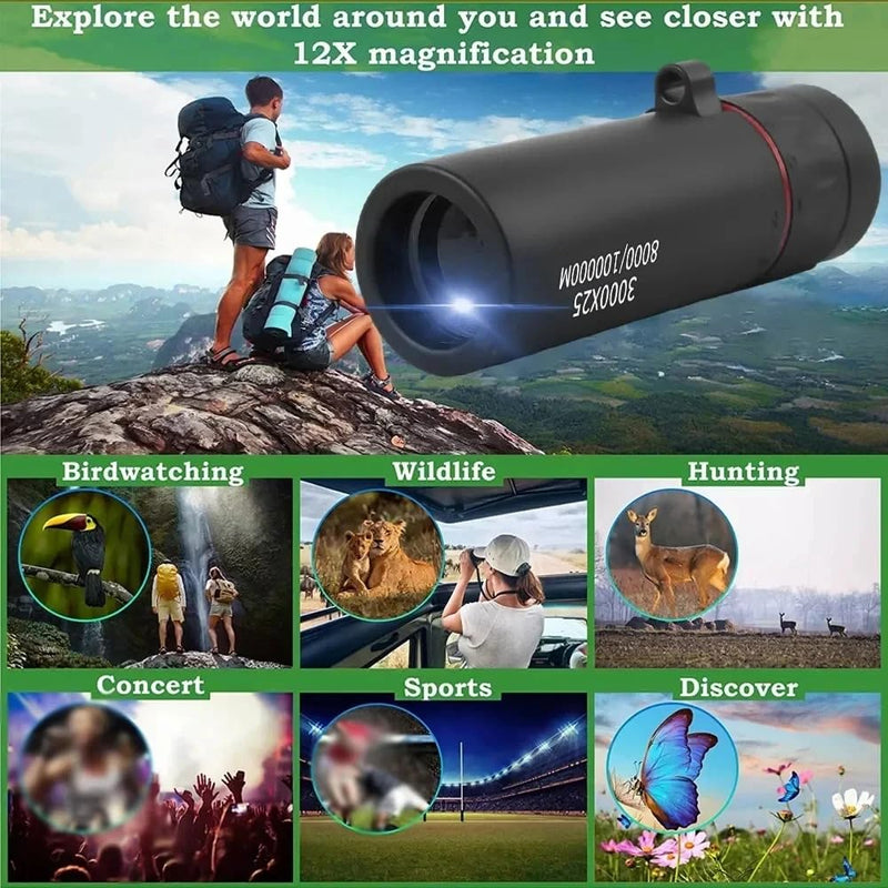 Portable Binoculars, 3000x25 Long-Focus HD Professional Monocular for Adults, Suitable for Outdoor Camping and Hunting (Black) Black