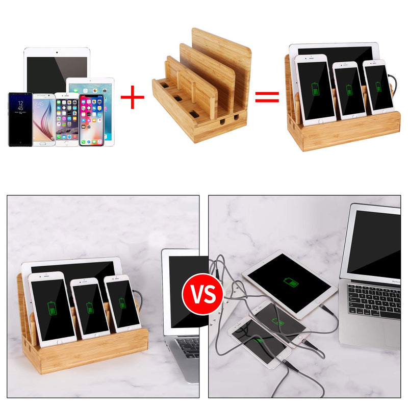 Bamboo Wood Multi-Device Desktop Charging Dock Station Charger Holder Cradle Stand Compatible for iPhone 16 15 14 13 12 11 Pro Max iPad mini Pro Air Laptop Tablets Samsung LG Sony Smartphones Large