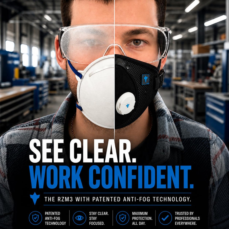 RZ Mask RZM3 - Patented Dust Mask w/ 99.9% Carbon Filtration, Anti Fogging, 360° Seal with 3 Straps, 50% Better Breathability Black Medium-Large