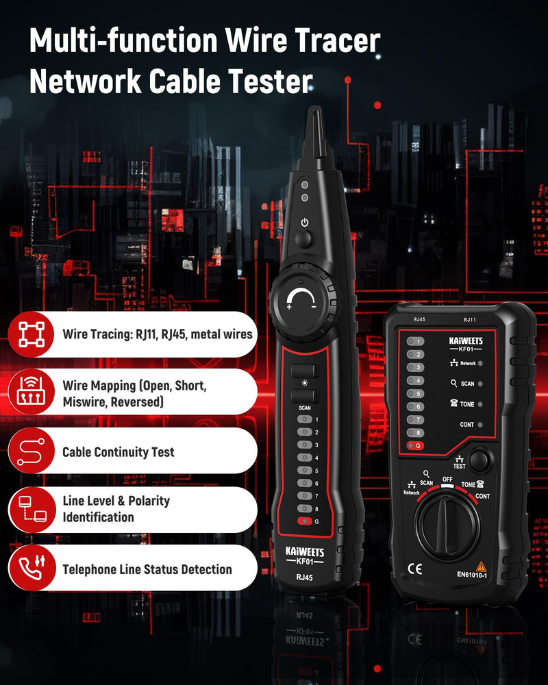 KAIWEETS Network Cable Tester, RJ45 RJ11 Wire Tracer Line Finder, Tone Generator and Probe Kit, Cable Tracer Ethernet LAN Network Cat5 Cat6 for Cable Collation, Telephone Line Test