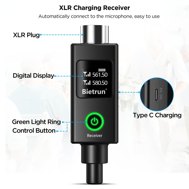 Bietrun XLR Wireless Microphone, Rechargeable Dual Metal Cordless Handheld Dynamic Mics for Mixer, Audio Interface, PA Amplifier System, Church, Singing, Karaoke(UHF 240FT Range)(with 6.35 Adapter) XLR Rechargeble Rechargeable Microphone-WXM19-2