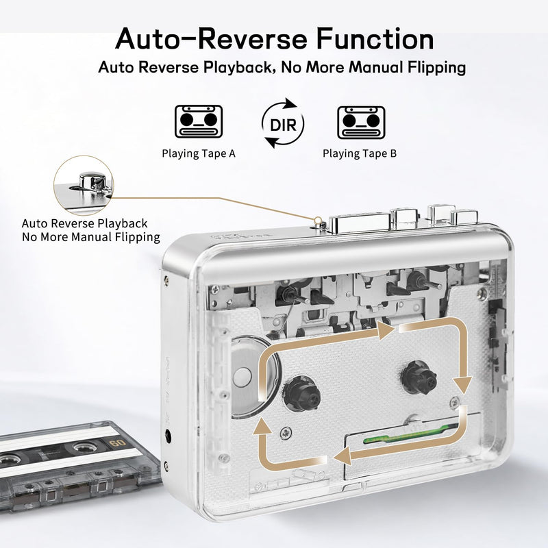 Copper Wheel Movement＆Earphone,Cassette Tape to MP3 Converter with Tape Converter Software,Powered by USB Power Cord or AA Battery (Silver) silver