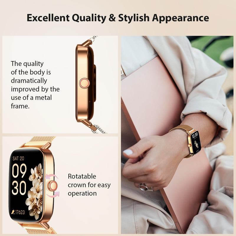 Gydom smart Watches for Women, 1.85" HD Fitness Tracker with Bluetooth Call | 110+ Sports Modes, Heart Rate, SpO2, Sleep & Stress, IP68 Waterproof, 7-10 Day Battery, Android/iPhone, Gold Steel Band Rose Gold 1.85 inches