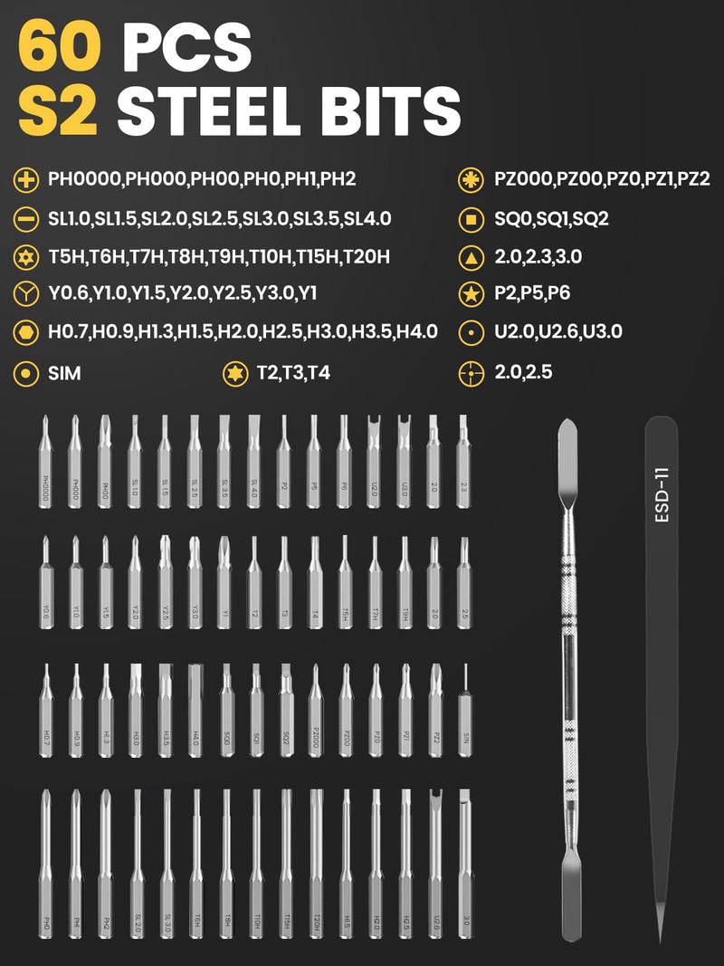 Mini Electric Screwdriver Sets,Sowkos Gifts for men,Screwdriver set with 60 Precision Bits,4 Torque Settings,Repair Tool Kit for Electronics Phone Camera Laptop Watch Black