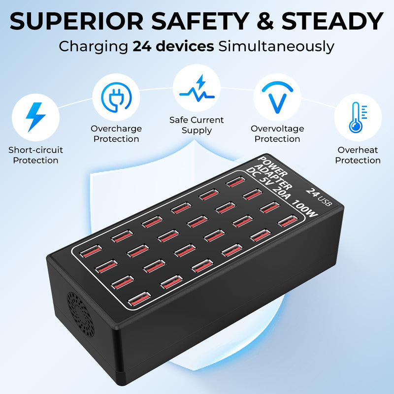 USB Charging Station, 100W/20A 24 Port Desktop Multiple Device Charger Station, Multi Ports Fast Phone Charging Station Organizer, Suitable for School Mall Shop Hotel