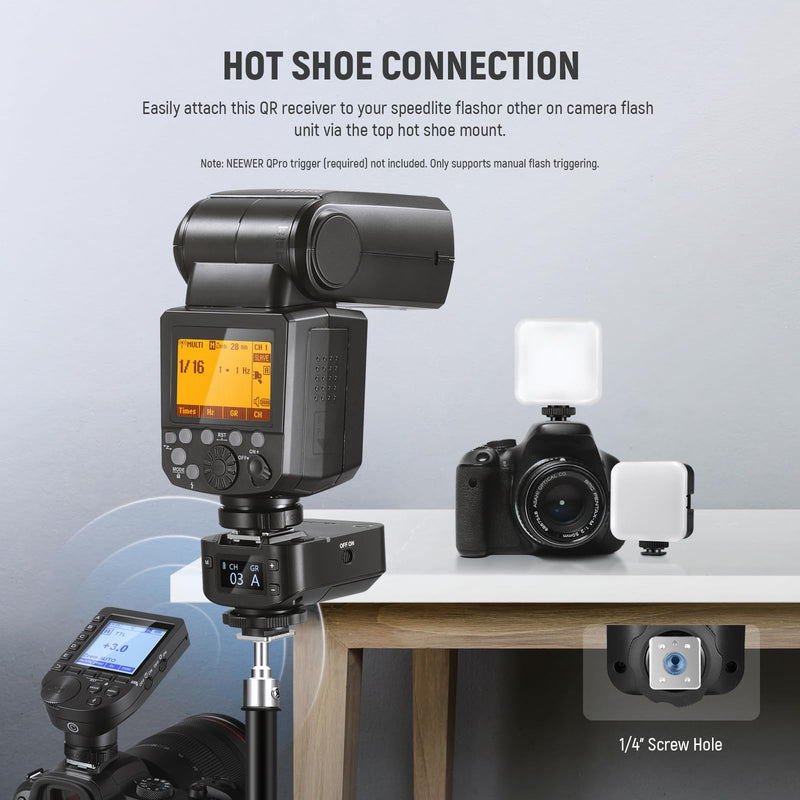 NEEWER QR 2.4G Wireless Flash Receiver for NEEWER QPRO-C, QPRO-N, QPRO-S Triggers, Single Contact with 2.5mm Sync Port, Hot Shoes, 1/4" Thread, Compatible with Godox Yongnuo NEEWER Vision4 S101 NW700