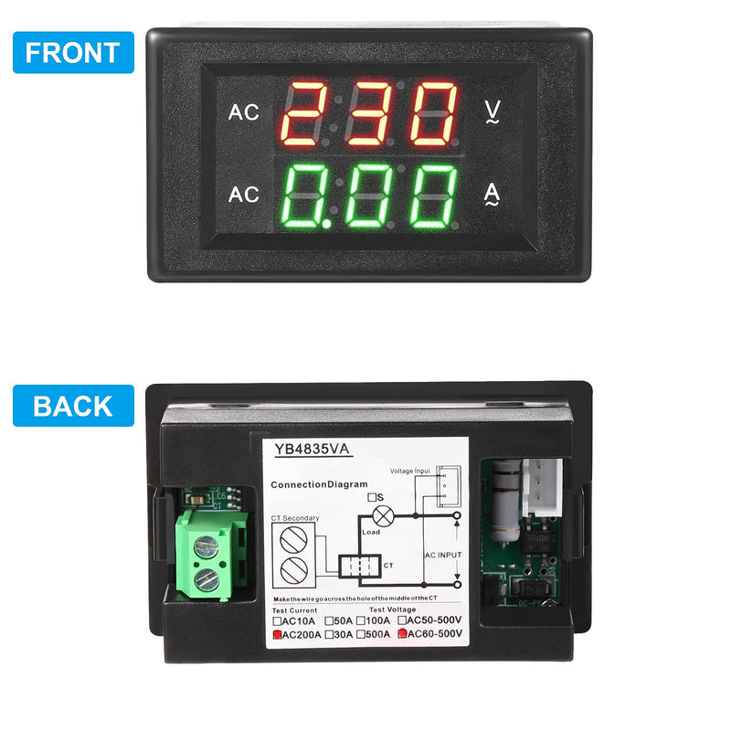 Volt Amp Meter 500V 200A Voltmeter Voltage and Current Meter Digital Dual Display, 0.39 Inches LED 2 in 1 Multimeter, 2 Wire Voltage Amperage Tester Gauge with Current Transformer (3 Pieces) 3