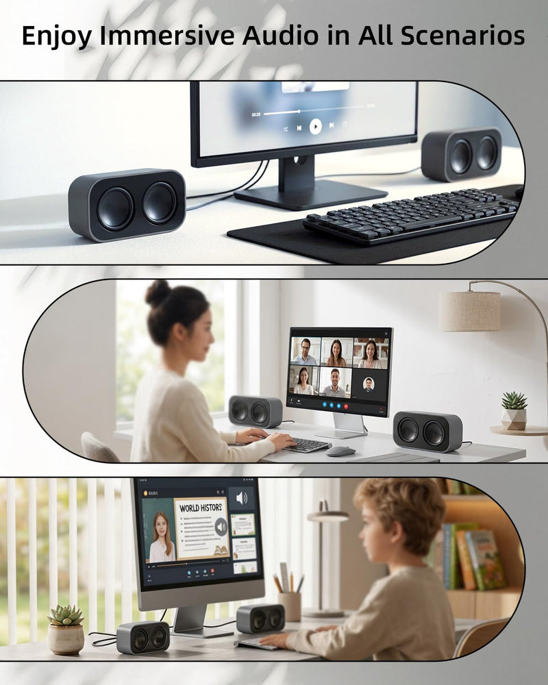 GELRHONR Computer Speakers for Desktop PC, 2×3W Small Stereo Speakers,USB Powered with 3.5mm Aux and Volume Control,Plug and Play for Laptop,Tablet 1.2M,Grey