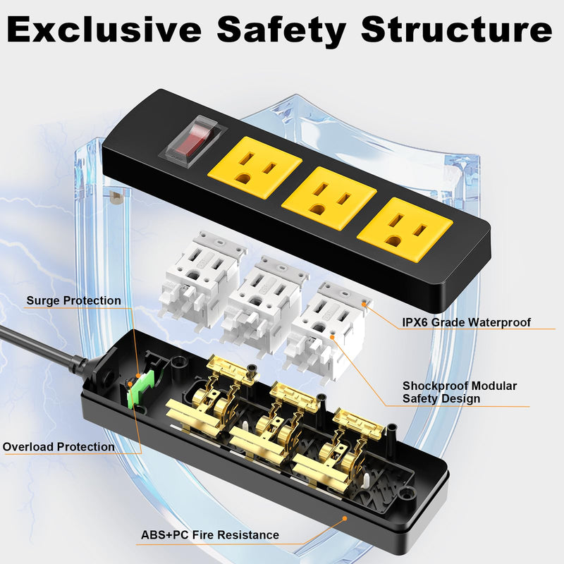 Waterproof Outdoor Power Strip with Extension Cord 6FT, Weatherproof Surge Protector, 3 Shockproof Outlets & Overload Safety Wall Mount Power Strip for Home/Outdoor Patio, Christmas Lights