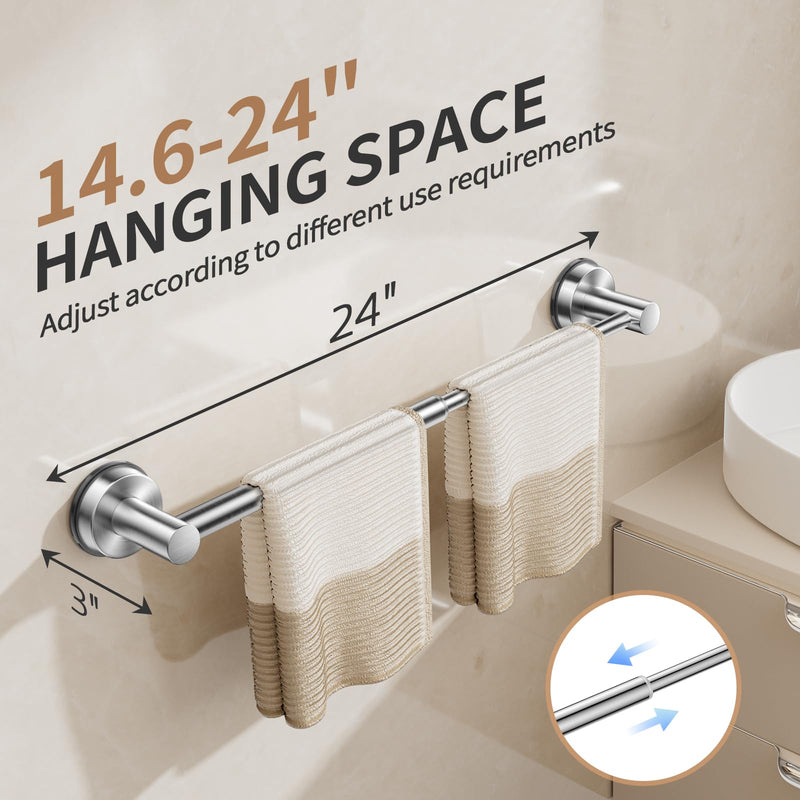 Adjustable Suction Cup Towel Bar for Bathroom Wall,14.6Inch~24 Inch Towel Racks for Bathroom, SUS304 Stainless Steel Bathroom Towel Holder,Bathroom Accessories Brushed Nickel Towel Rack (2pcs Silver) 2pcs Silver